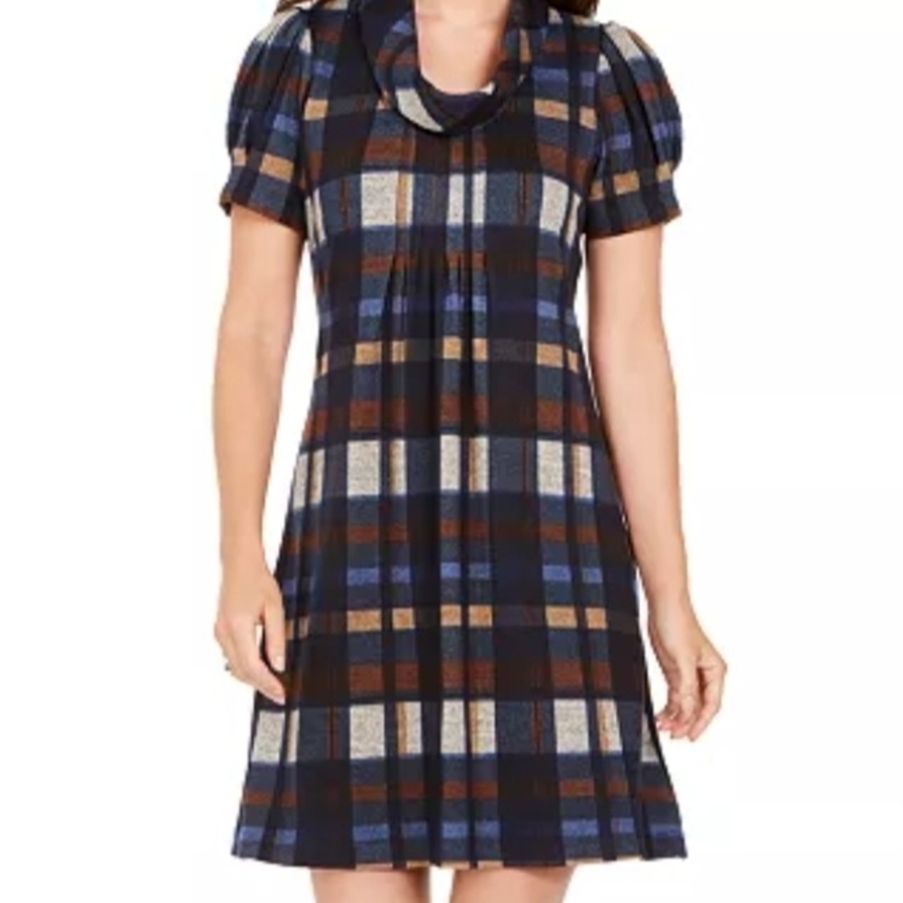 JH DESIGN- Plaid Short-Sleeve Cowl Neck Dress in Navy and Brown